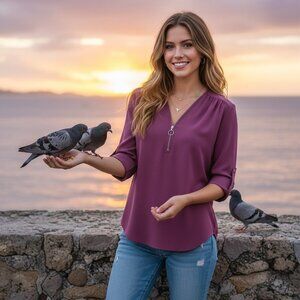 Ultra-Chic Purple V-Neck Blouse with Zip Detail & Roll-Up Sleeves Trendy 💜✨